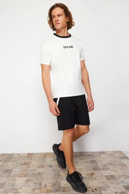 -Black Regular/Normal Cut Raised Text Print T-Shirt-Shorts Tracksuit Set