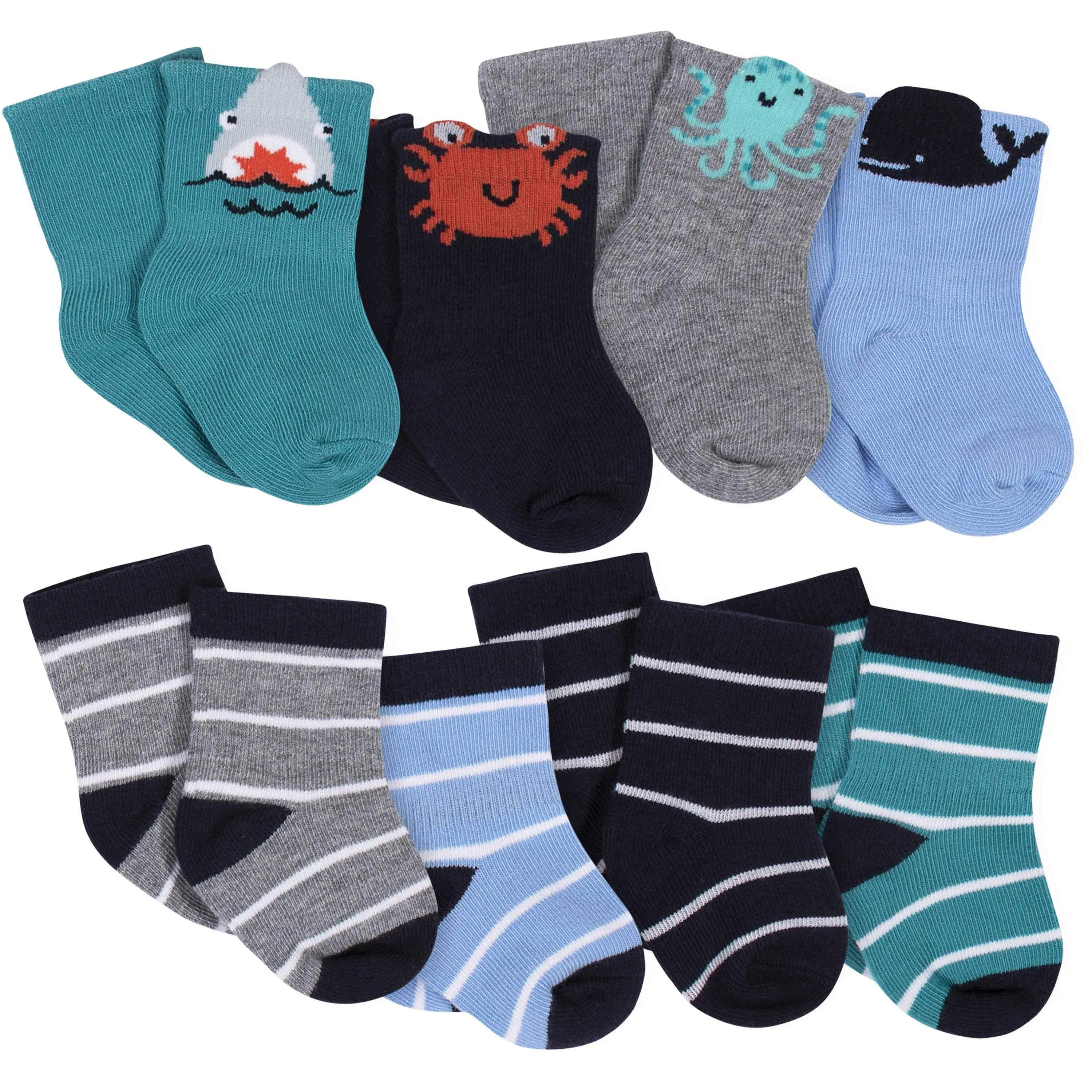 8-Pack Baby Boys' Sea Animals Wiggle-Proof Jersey Crew Socks