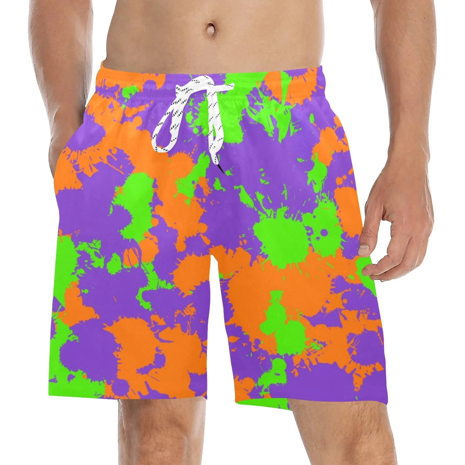 90s Kid Green, Purple and Orange Slime Splatter Swim Shorts
