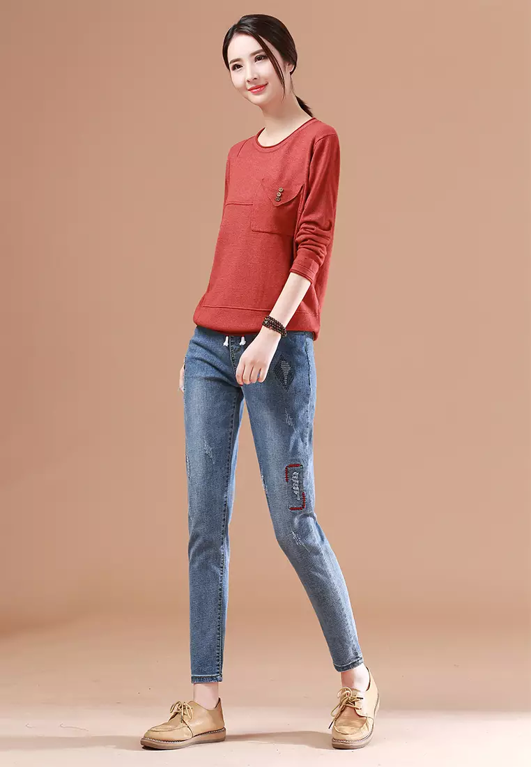 A-IN GIRLS Elastic Waist Made Of Washed Jeans