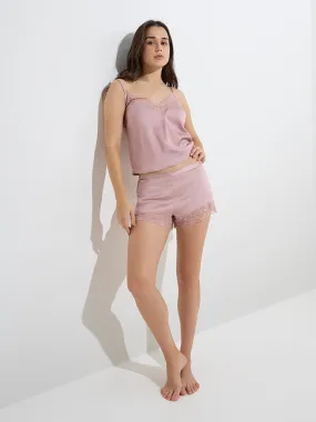 Buy Wunderlove Blush Pink Lace-Design High-Rise Shorts from Westside