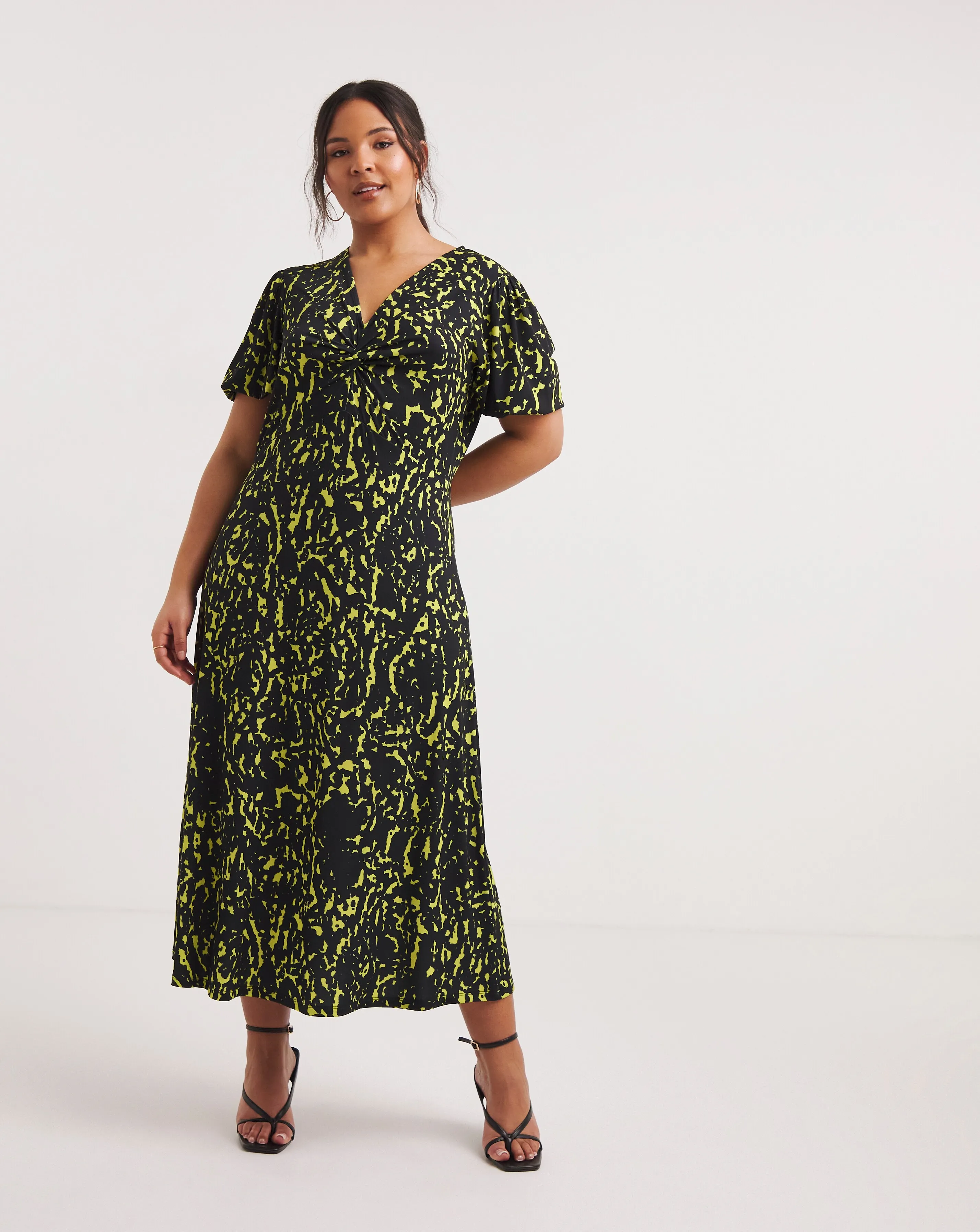Green Print Slinky Jersey Knot Front Midi Dress | Simply Be