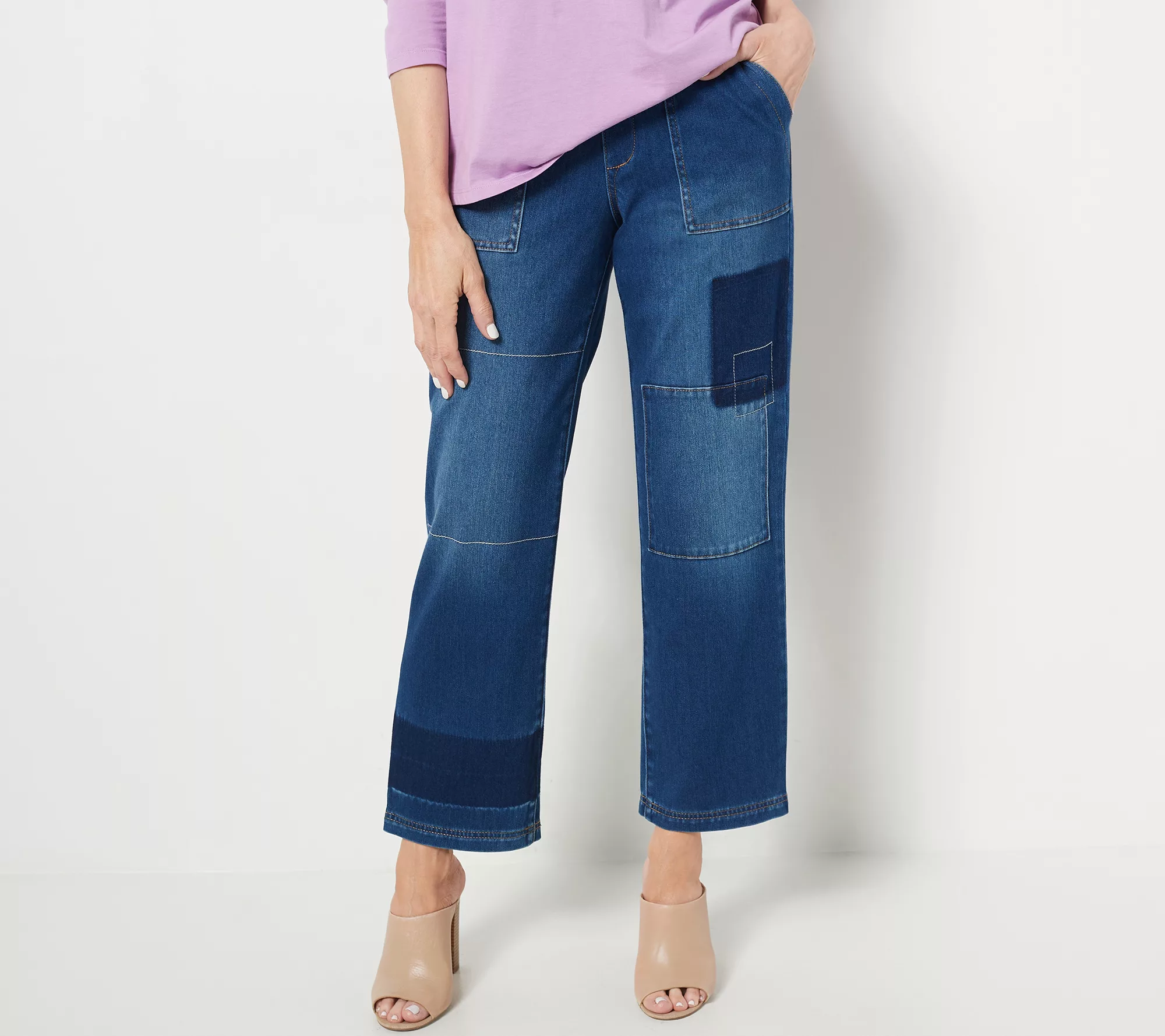 LOGO by Lori Goldstein Petite Knit Denim Shadow Patch Jeans