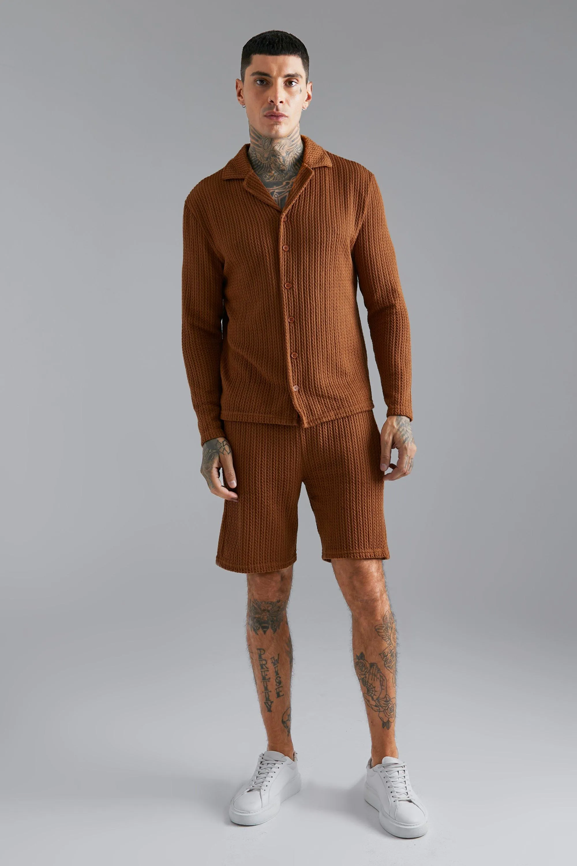Long Sleeve Cable Knitted Shirt & Shorts Set