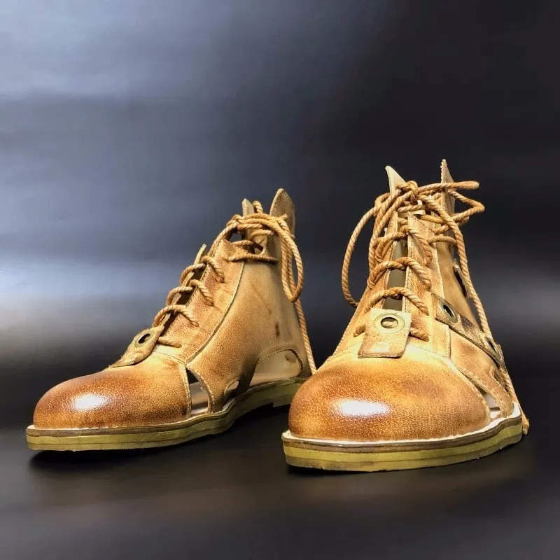 Men's Vintage Style Hollow Out Round Toe Lace Up Casual Sandals