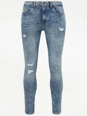 Mid Blue Paint Splatter Skinny Fit Jeans With Stretch | Men | George at ASDA