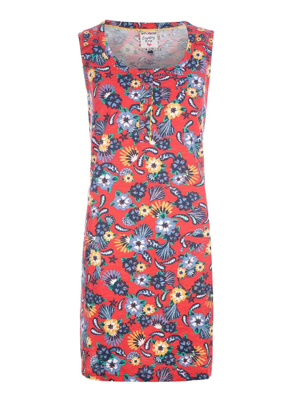 Mid Red Mini Brighton Floral Sleeveless Printed Slub Jersey Tunic Top