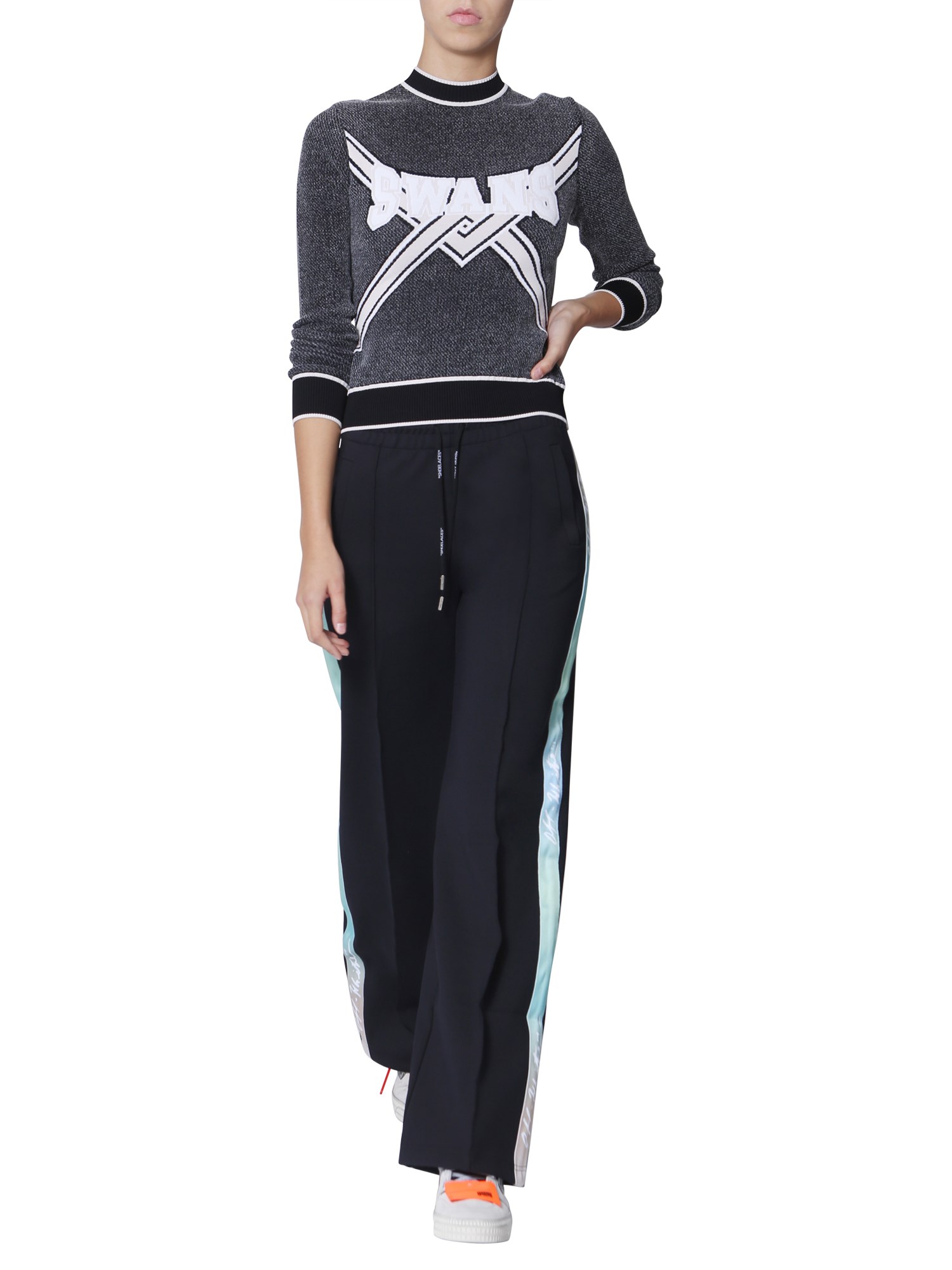 OFF-WHITE    SWANS  COTTON JERSEY ROUND NECK CROPPED SWEATER