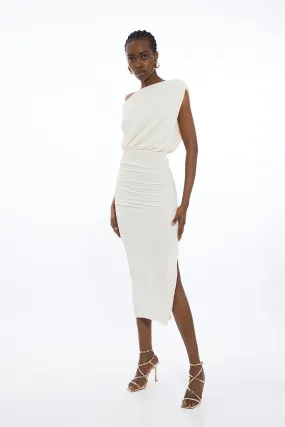 One Shoulder Ruched Textured Jersey Midi Dress | Karen Millen