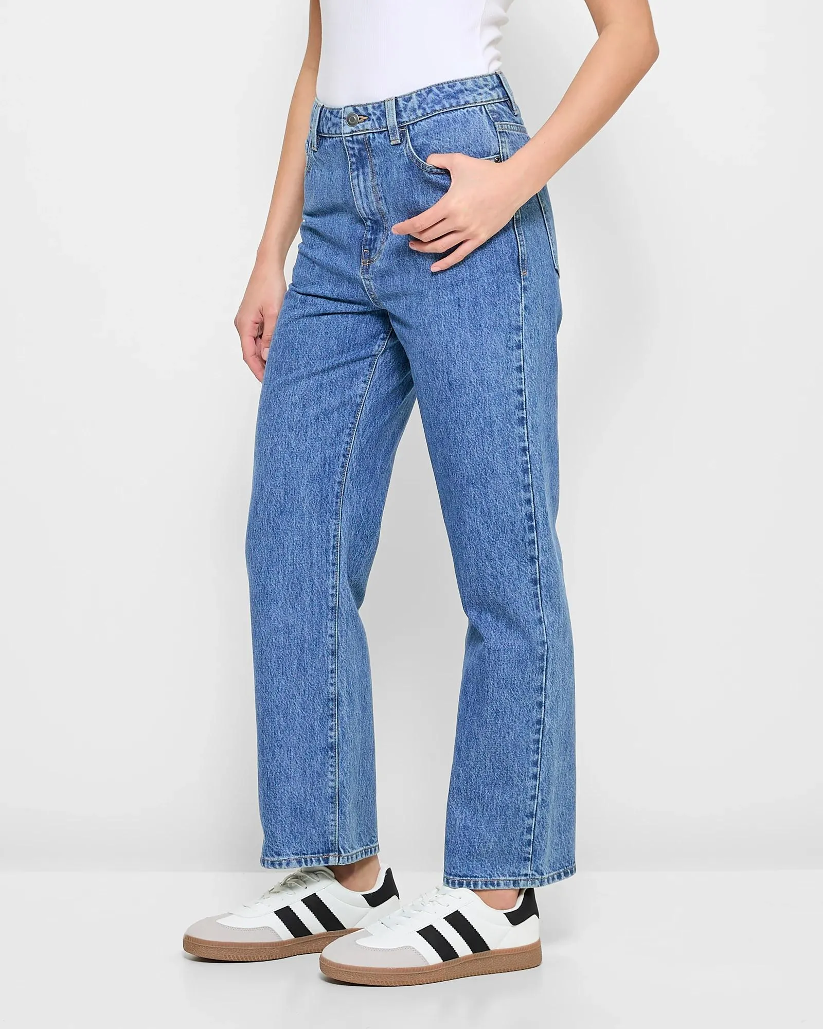 popular  High Rise Straight Leg Denim Jeans - Lily Loves - Mid Wash