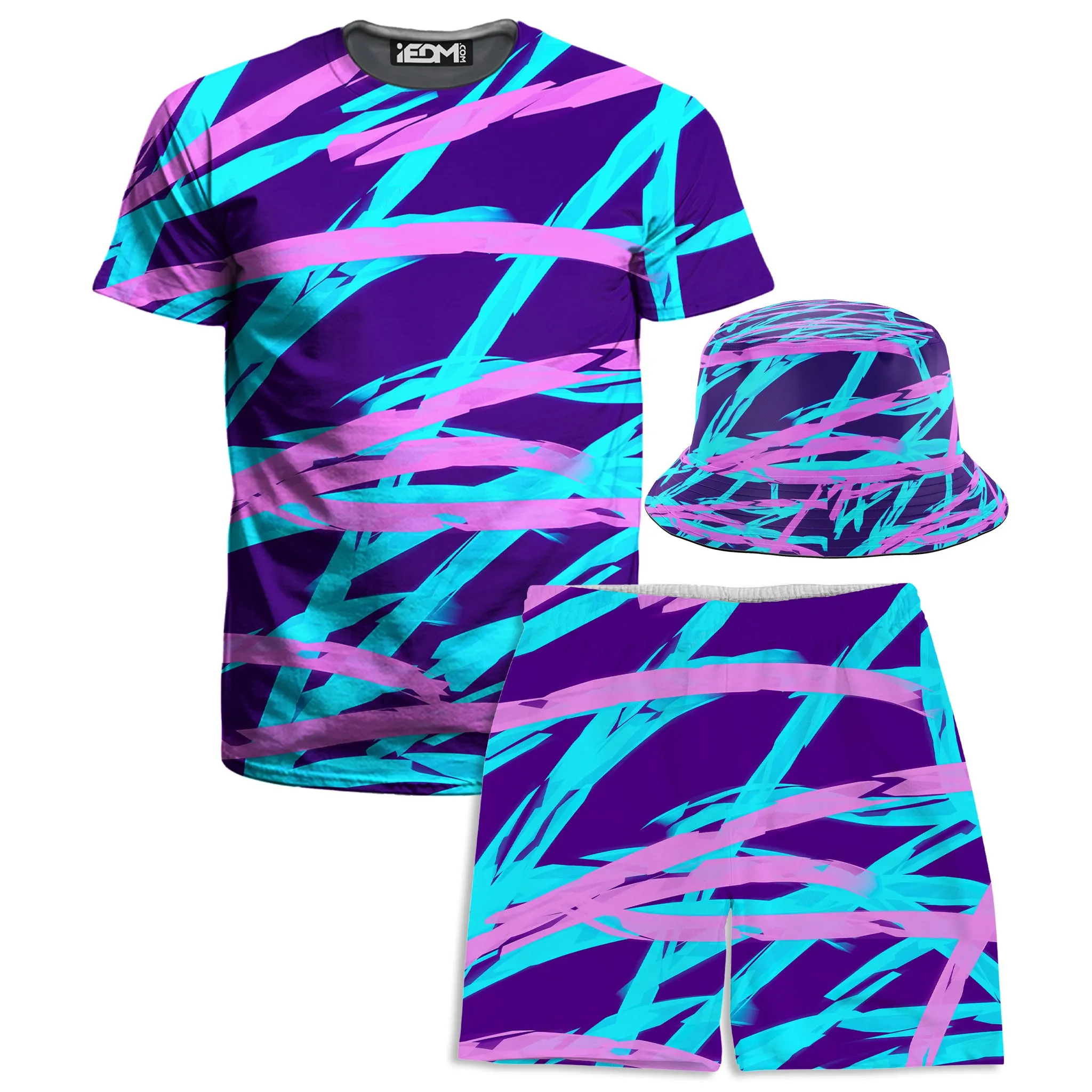 Purple and Blue Rave Abstract T-Shirt and Shorts with Bucket Hat Combo