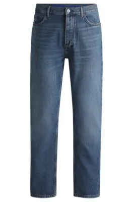 Regular-fit jeans in mid-blue stonewashed cotton denim