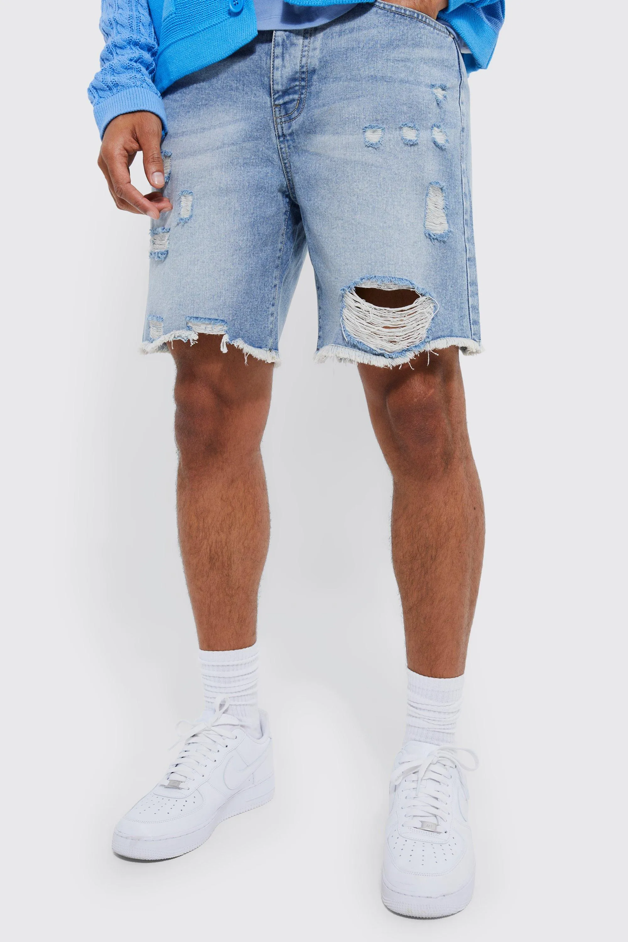 Relaxed Fit Rigid Multi Rip Denim Shorts | boohooMAN UK