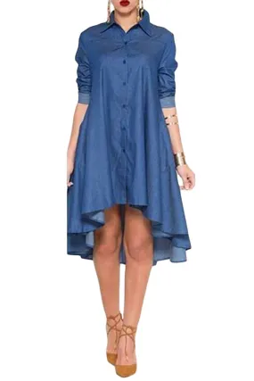 Short Front Long Back  Denim Dress Jeans  Casual Long Sleeve Denim Dresses Long Loose Skater Dress SM6