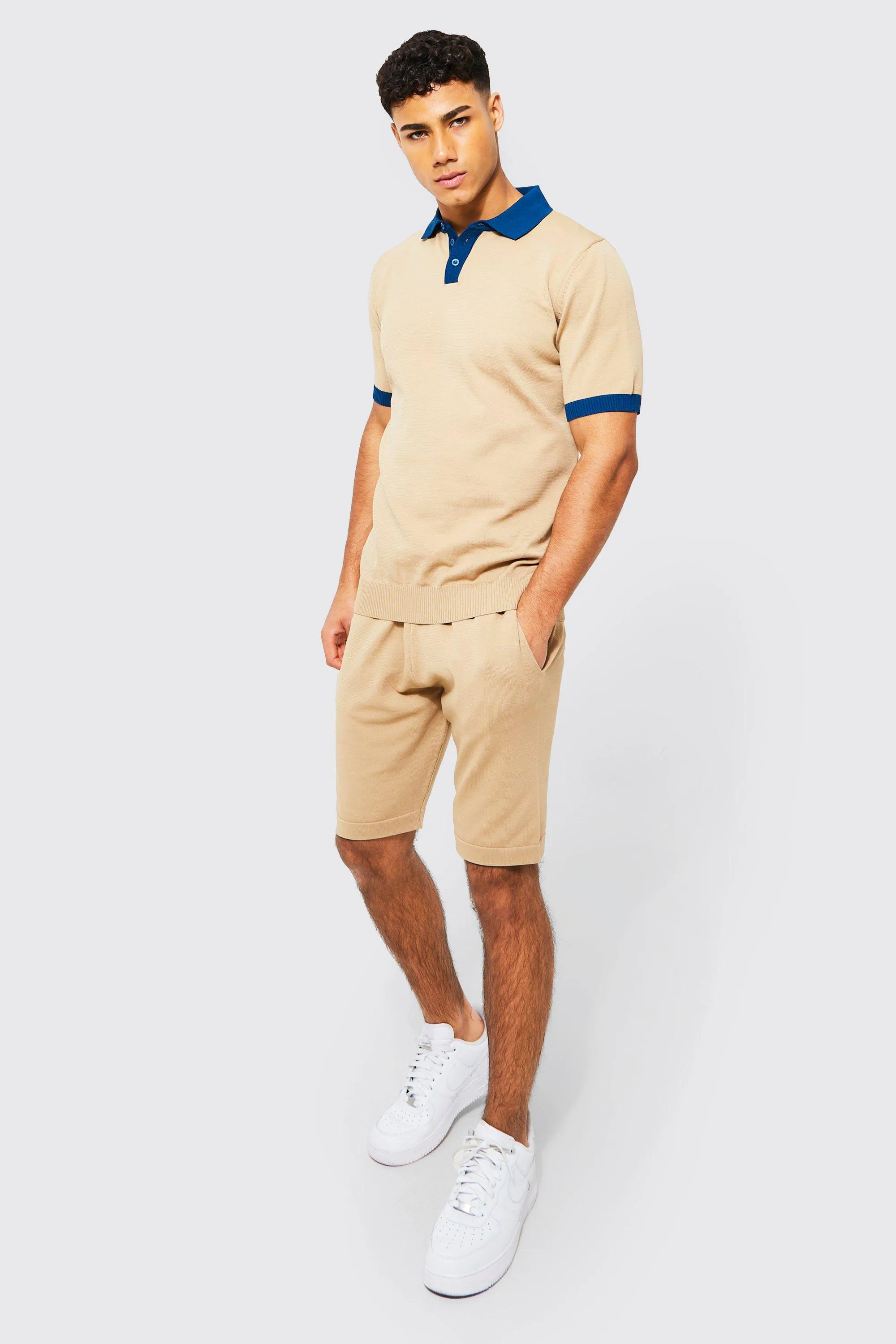 Short Sleeve Contrast Knit Polo & Shorts Set