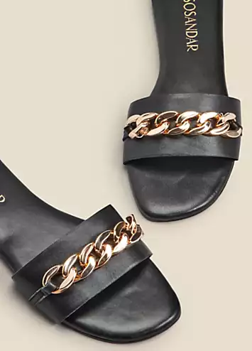 Sosandar Paradiso Black Chain Detail Flat Leather Mule Sandals | Grattan