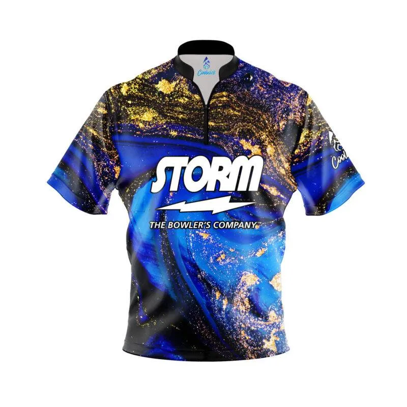 Storm Blue Gold Liquid Marble Quick Ship CoolWick Sash Zip Bowling Jersey