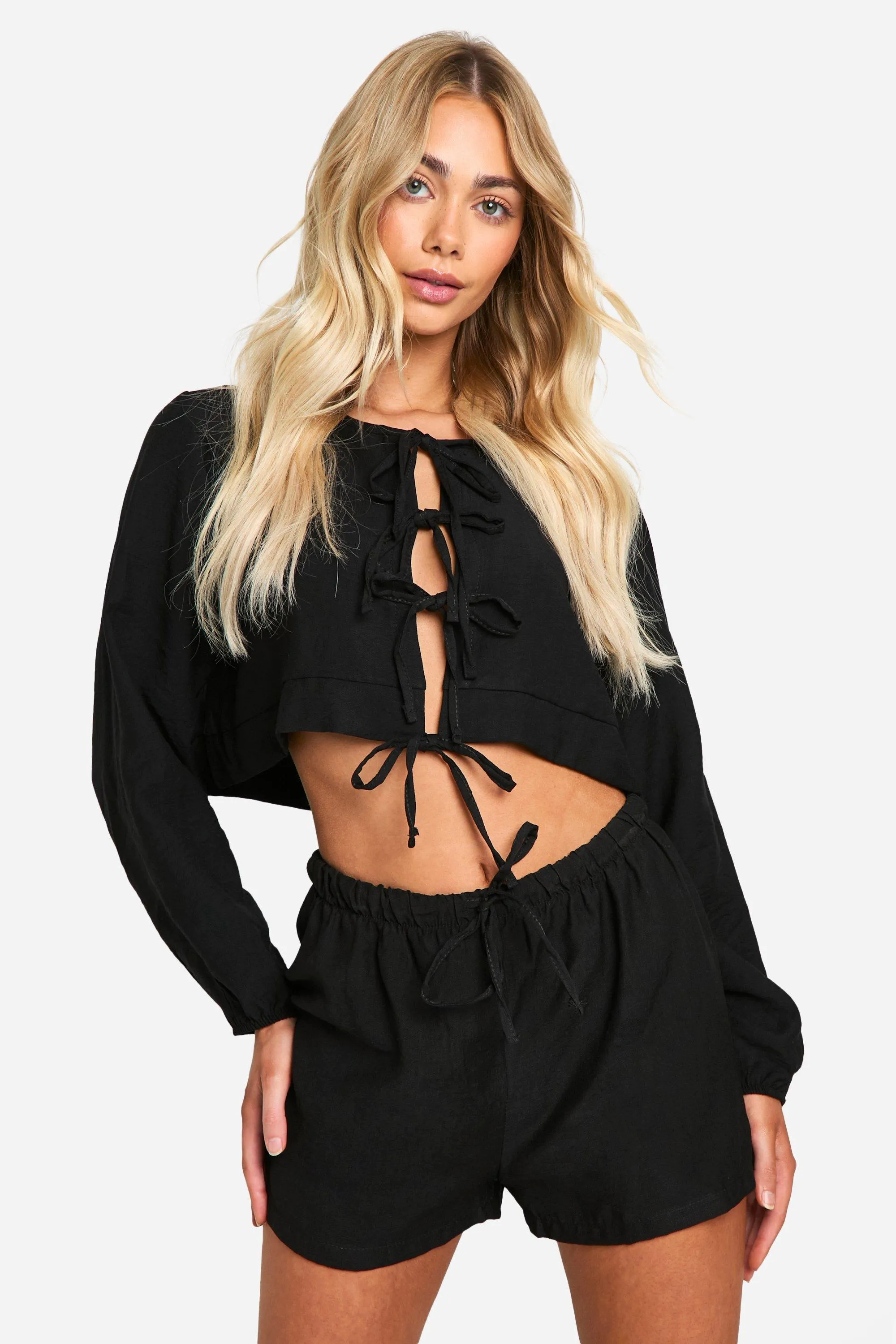 Textured Linen Look Puff Sleeve Blouse & Flowy Shorts
