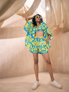 Women Yellow & Blue Ikat Shorts with Bustier and Shrug