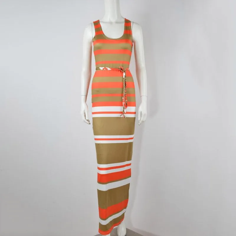 Women's Boho Long Maxi Dress Sleeveless O Neck Evening Party Beach Striped Dresses Sundress PY3 SM6