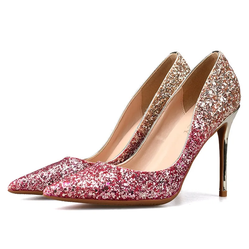Women's Synthetic Leather Sequins Shallow Mouth Party Hi-Heel Pumps